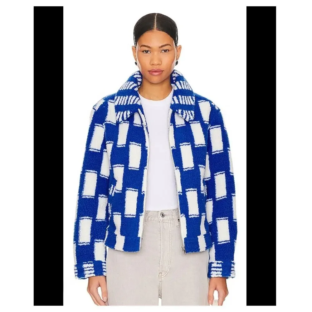 Mother Revolve Kickstand Jacket S Ice Cube Sherpa Coat Checkered Blue White Cozy - Picture 2 of 16